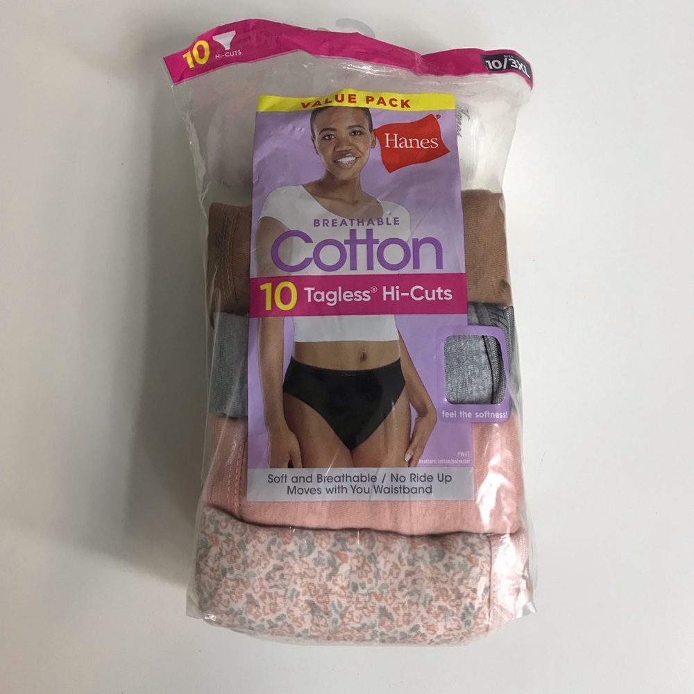 Hanes Cotton Tagless Hi Cut panties size 10 (3XL), 9 pair in package